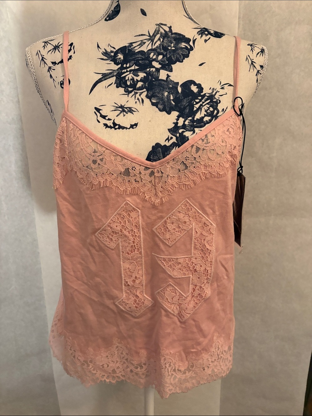 Puma Peach Lace-Trim Camisole Chemise with Embroidered Detail